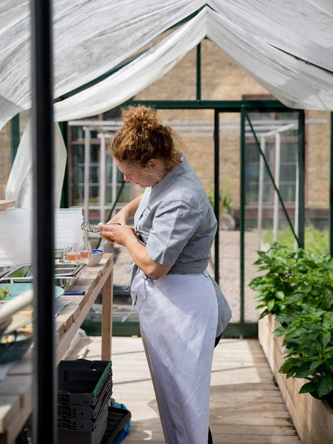 A woman wearing a gray shirt and white apron is inside a greenhouse, looking at her phone with various gardening tools and plants around her.