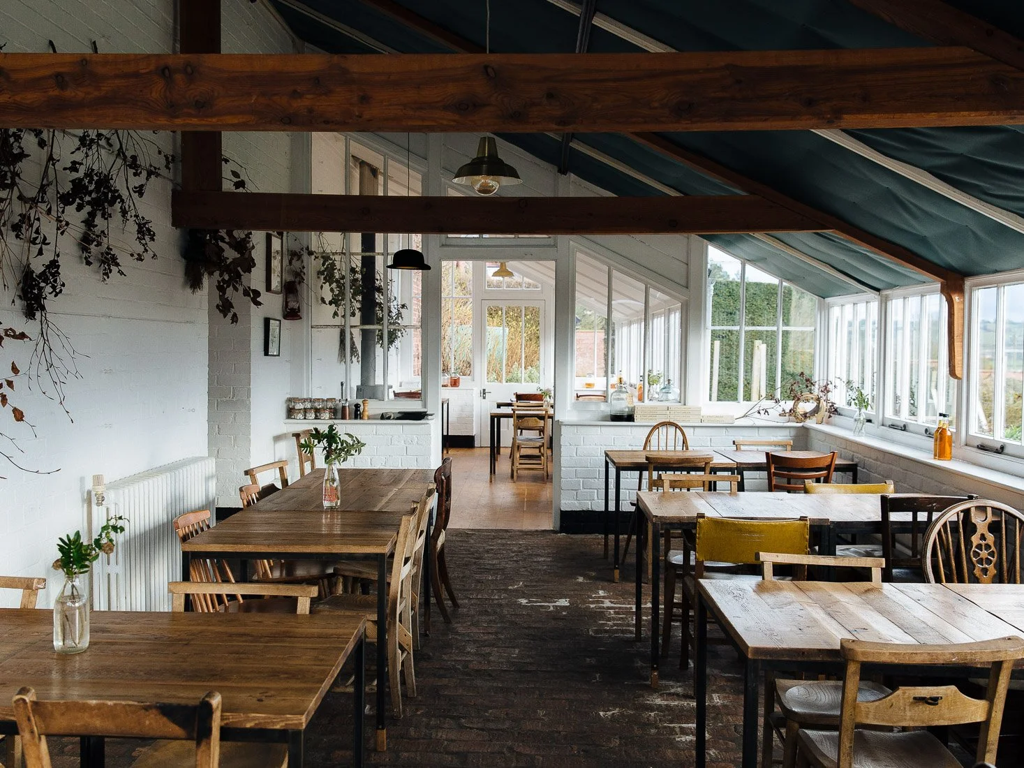 Interior of a cozy cafe with wooden tables and chairs, large windows letting in natural light, and decorative greenery on the walls.
