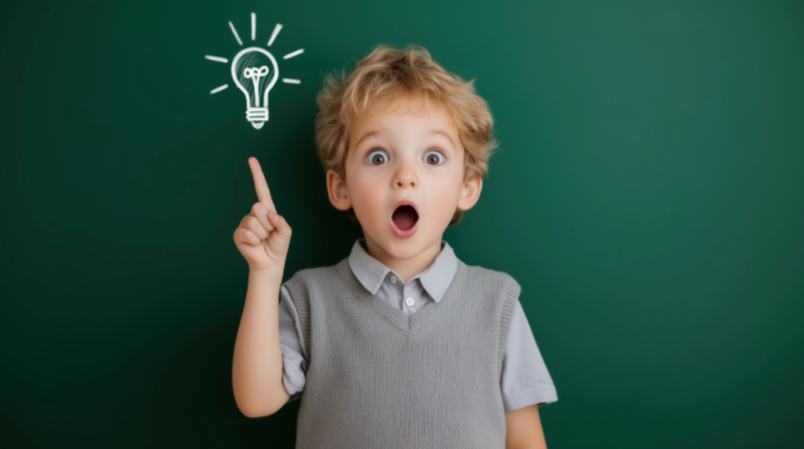 Young boy pointing upward with a lightbulb illustration symbolizing creativity and big ideas.