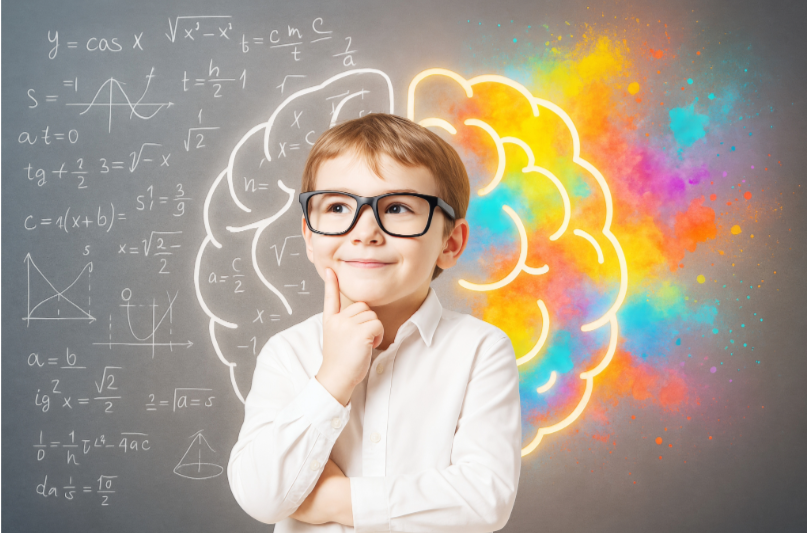 Young child wearing glasses with colorful brain illustration symbolizing creativity and learning.