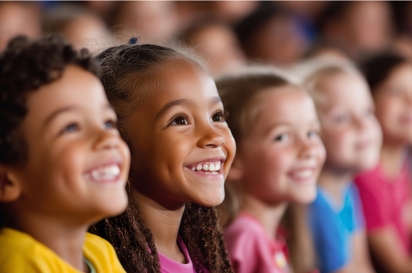 Children smiling and watching a live theatre performance with excitement and engagement.