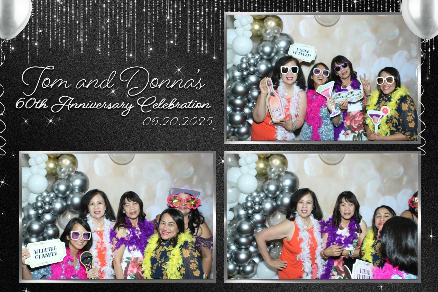 Photobooth collage from Tom and Donna's 60th anniversary celebration on June 20, 2025, featuring four pictures of women in colorful dresses and party accessories, standing in front of a silver and white balloon backdrop.