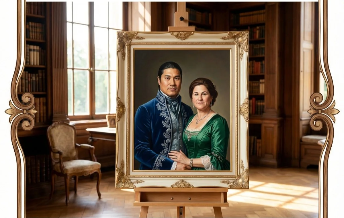 A painted portrait of a man and woman in formal attire, displayed on an easel in a wood-paneled room with large windows and bookshelves.