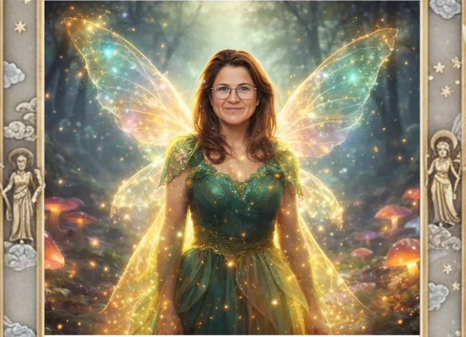 A woman with glasses and wavy brown hair dressed as a fairy with glowing butterfly wings, standing in a glowing forest with mushrooms and fairy-tale statues.