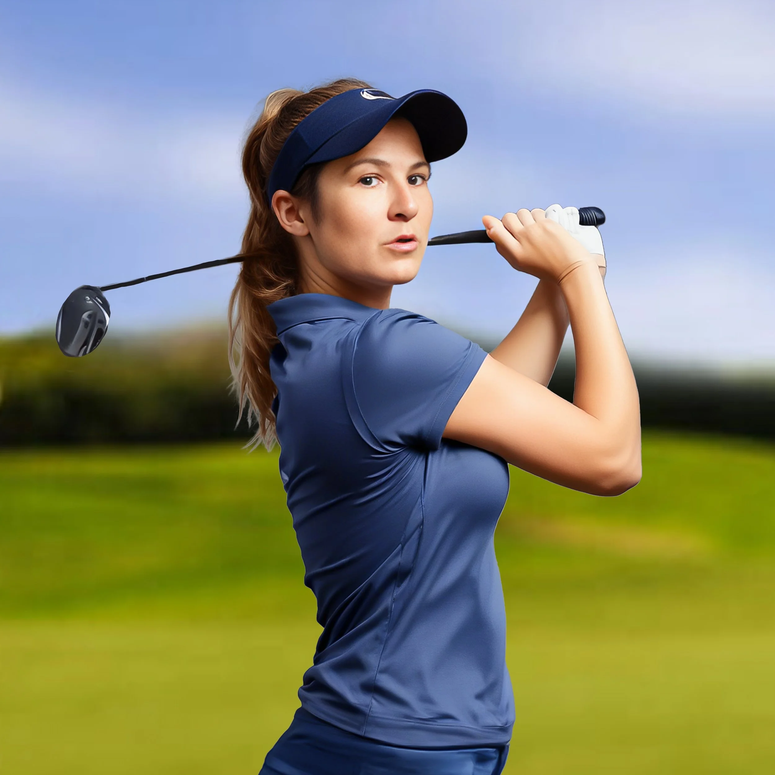 A woman in a blue sports shirt and visor holding a golf club, ready to swing on a golf course.