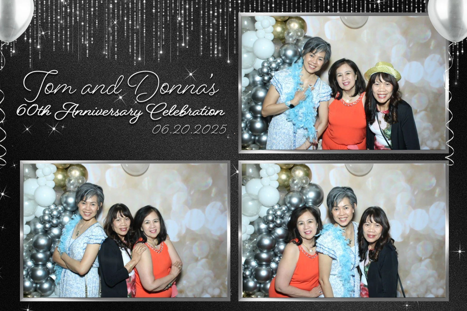 A photo booth collage from Tom and Donna's 60th anniversary celebration on June 20, 2025, featuring three pictures of three women in front of a backdrop decorated with silver and white balloons and a bokeh effect.
