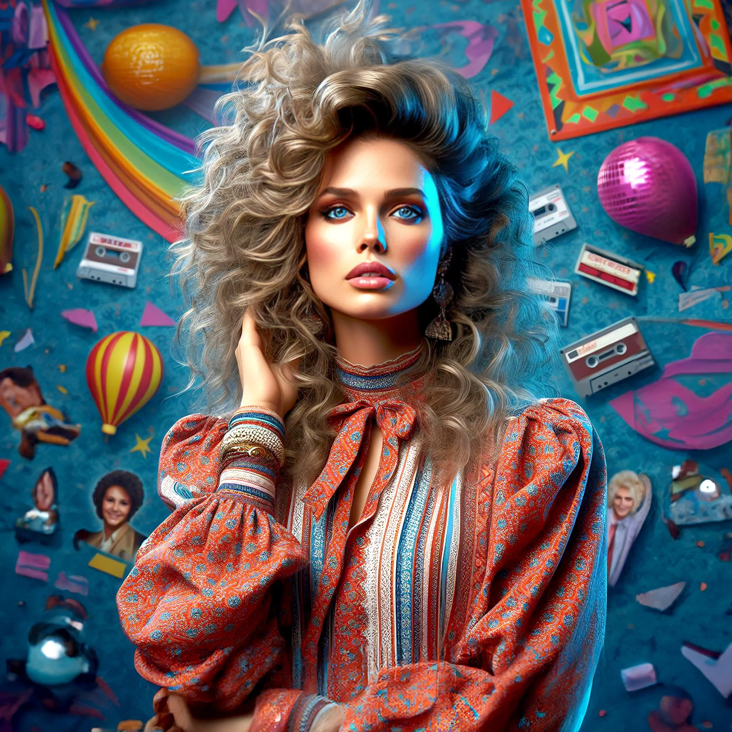 A woman with curly blonde hair and bright blue eyes posing against a colorful backdrop with retro accessories like cassette tapes, balloons, and photographs.