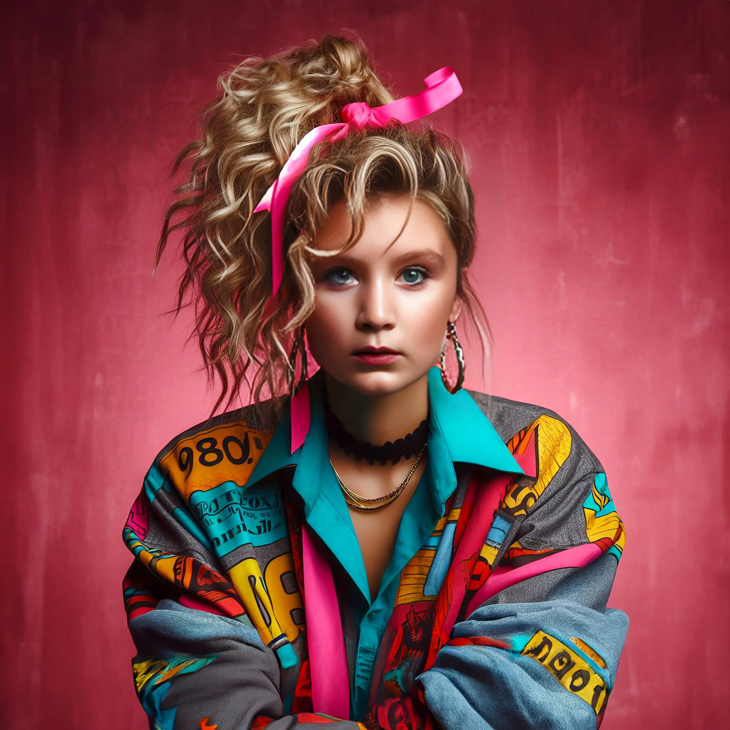Portrait of a young woman with curly blonde hair tied with a pink ribbon, wearing a colorful jacket, turquoise shirt, hoop earrings, layered necklaces, and bold makeup against a pink background.