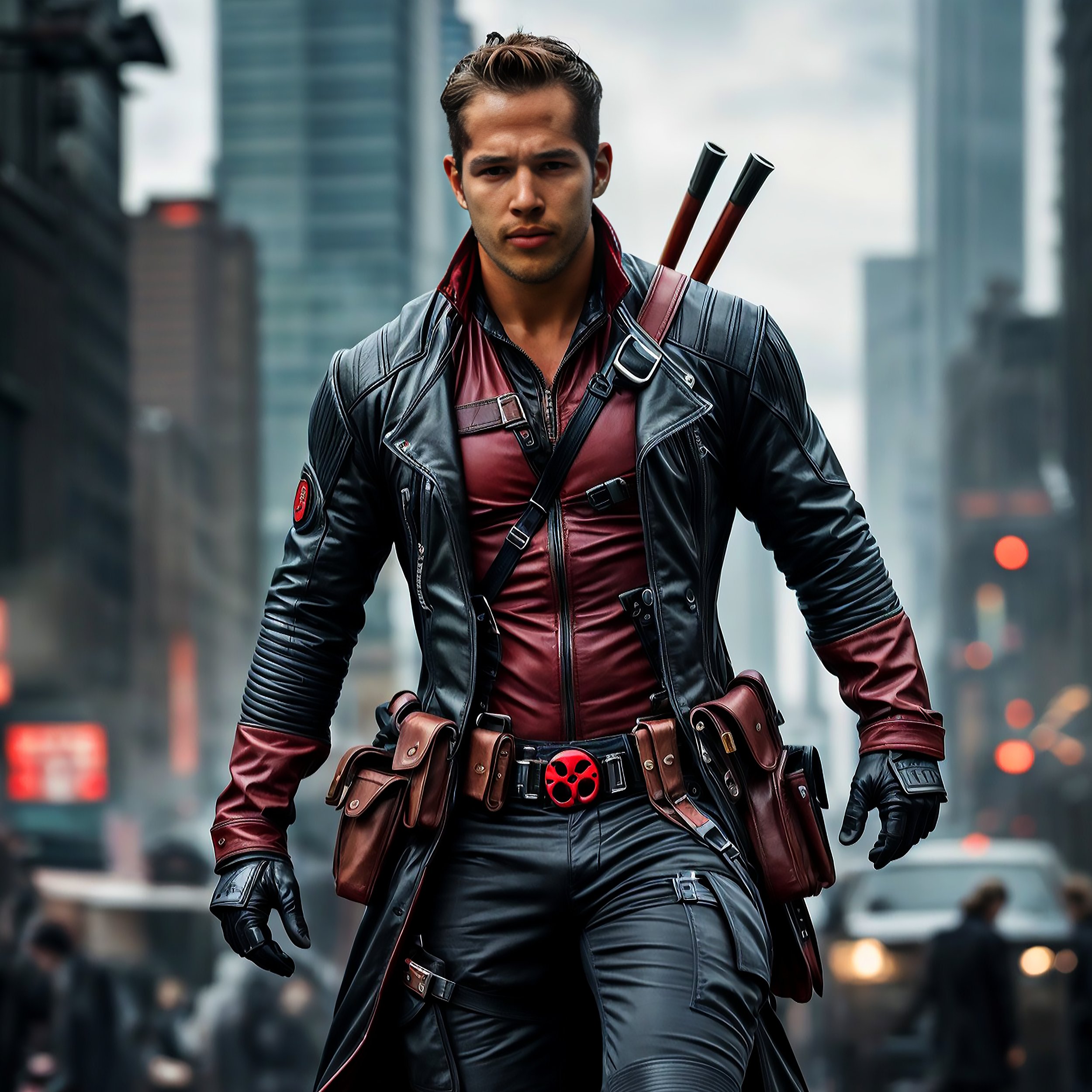 A young man dressed as a fictional character standing on a city street with tall buildings and blurred traffic in the background.