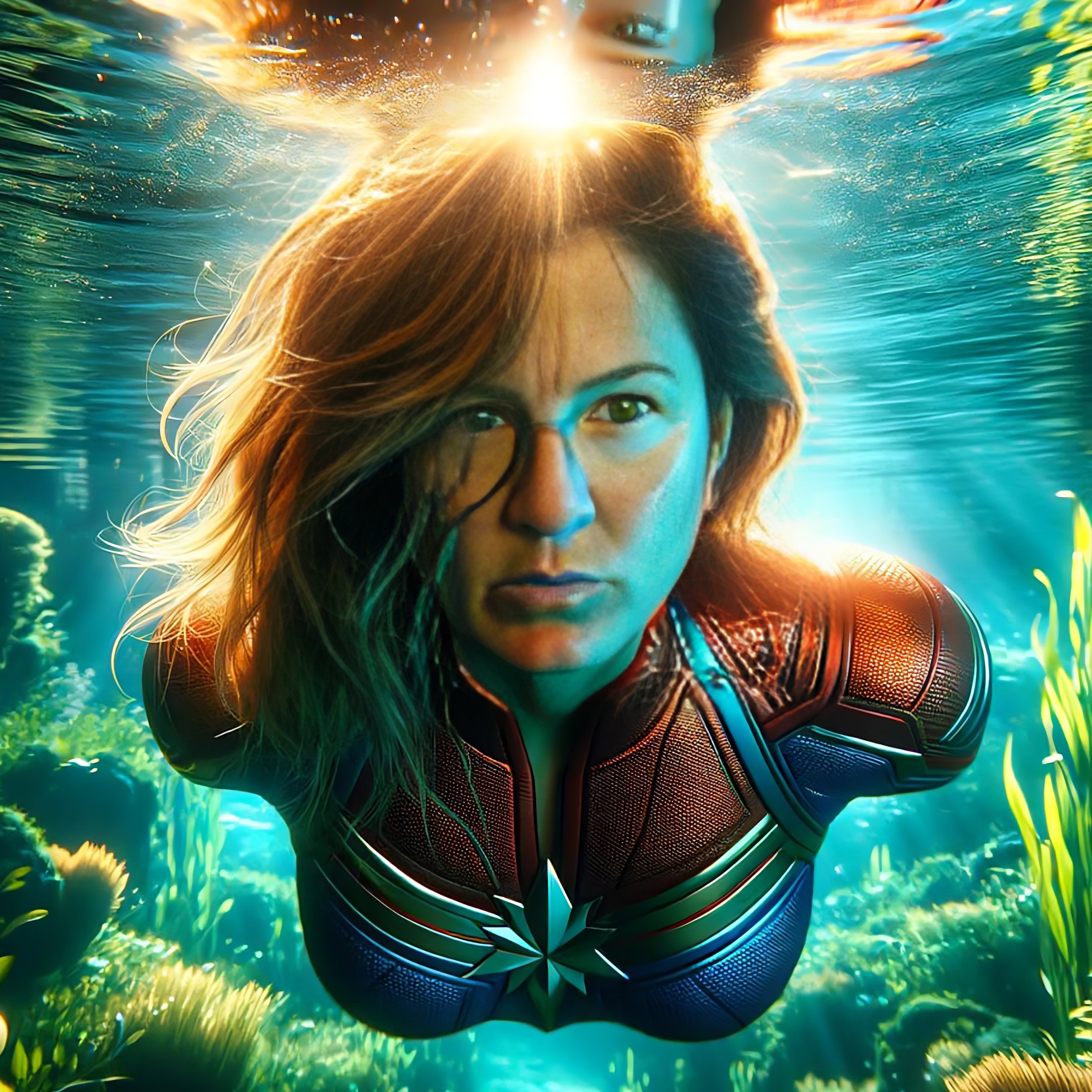 A woman in a superhero costume underwater, with seaweed and coral around her, and sunlight filtering through the water.