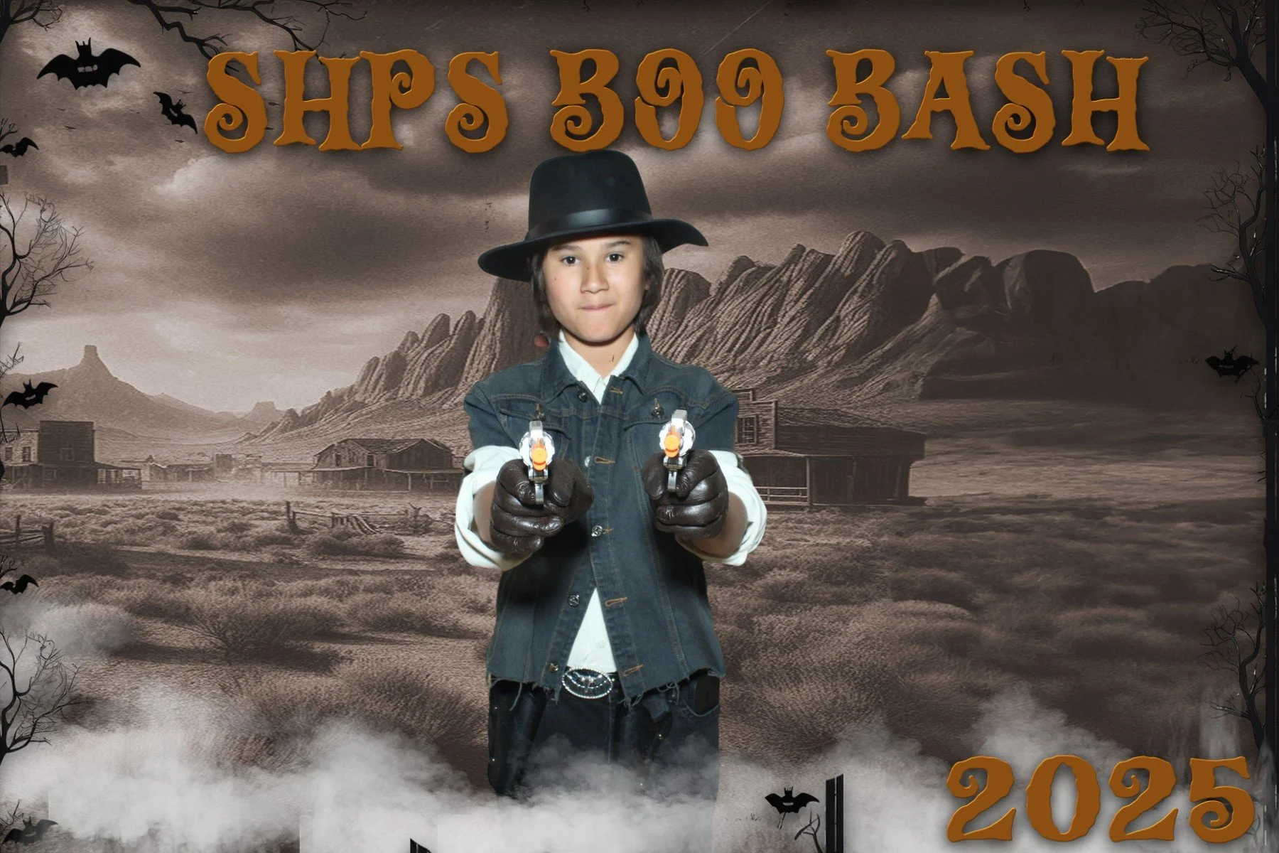 A young boy dressed as a cowboy, wearing a black hat and gloves, holds two toy guns in front of a Halloween-themed backdrop with bats, barren trees, and a dark, mountainous landscape. The backdrop features the text 'SHPS Boo Bash 2025' in orange. The
