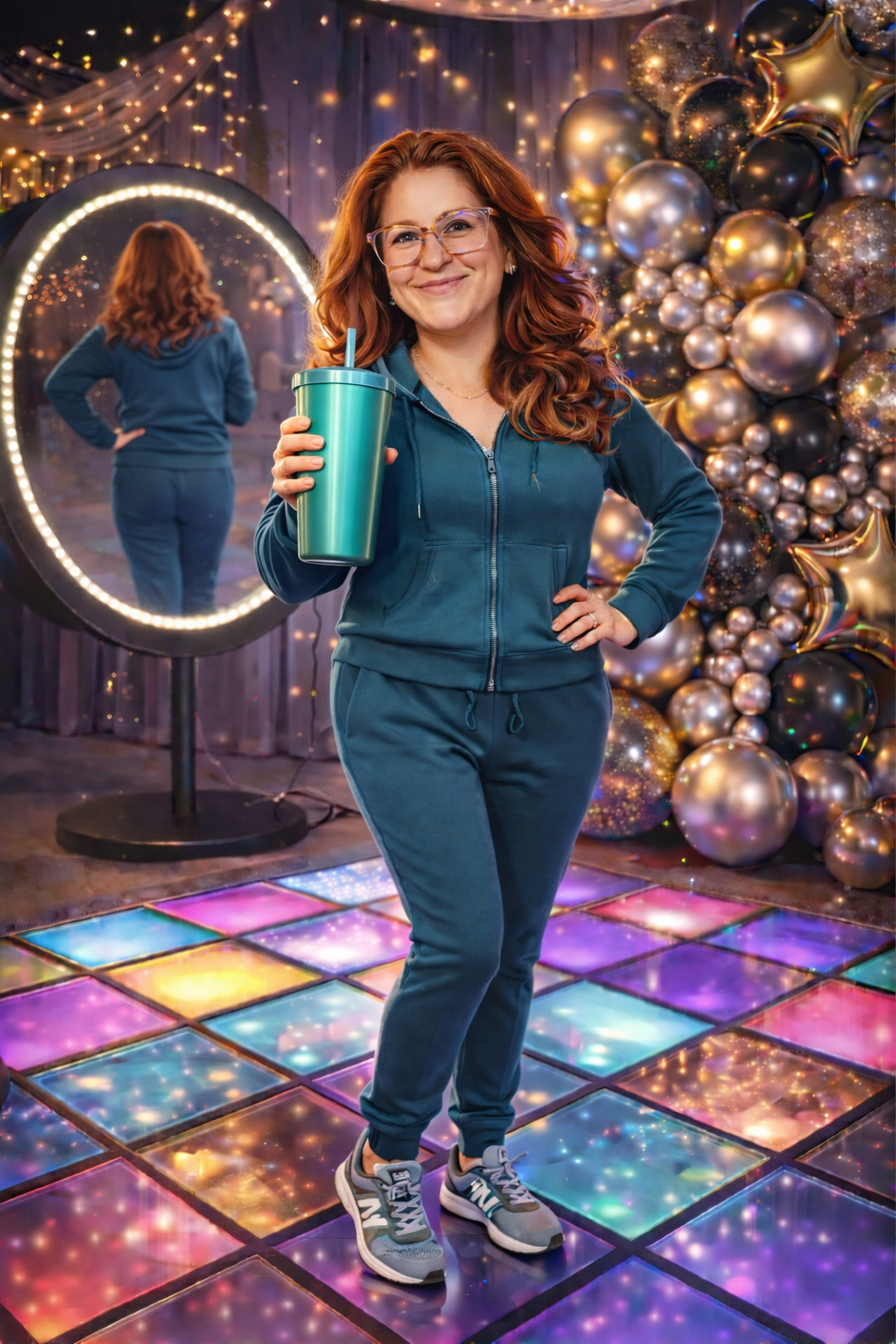 A woman with red hair and glasses holding a teal tumbler with a straw, standing on a colorful, illuminated dance floor at a party. Behind her are birthday balloons and a lit mirror.