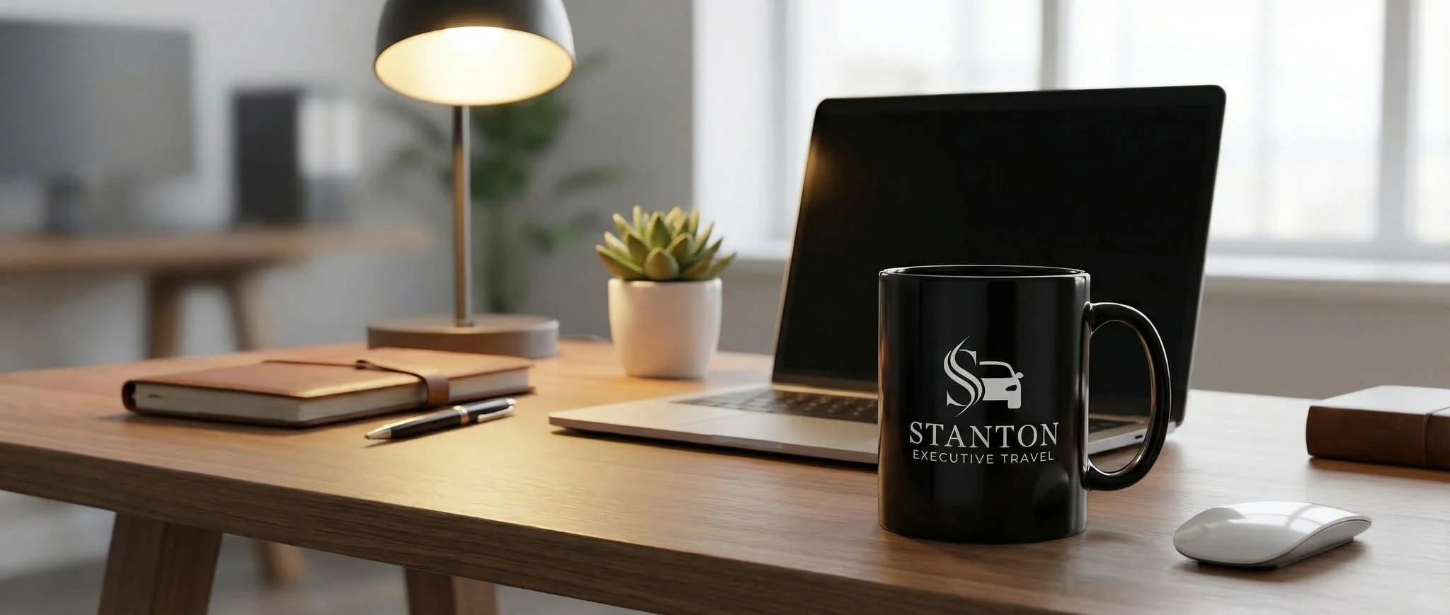 Wooden desk with a black Stanton mug, desktop computer, notebook, pen, white mouse, small potted plant, and desk lamp in a bright office.