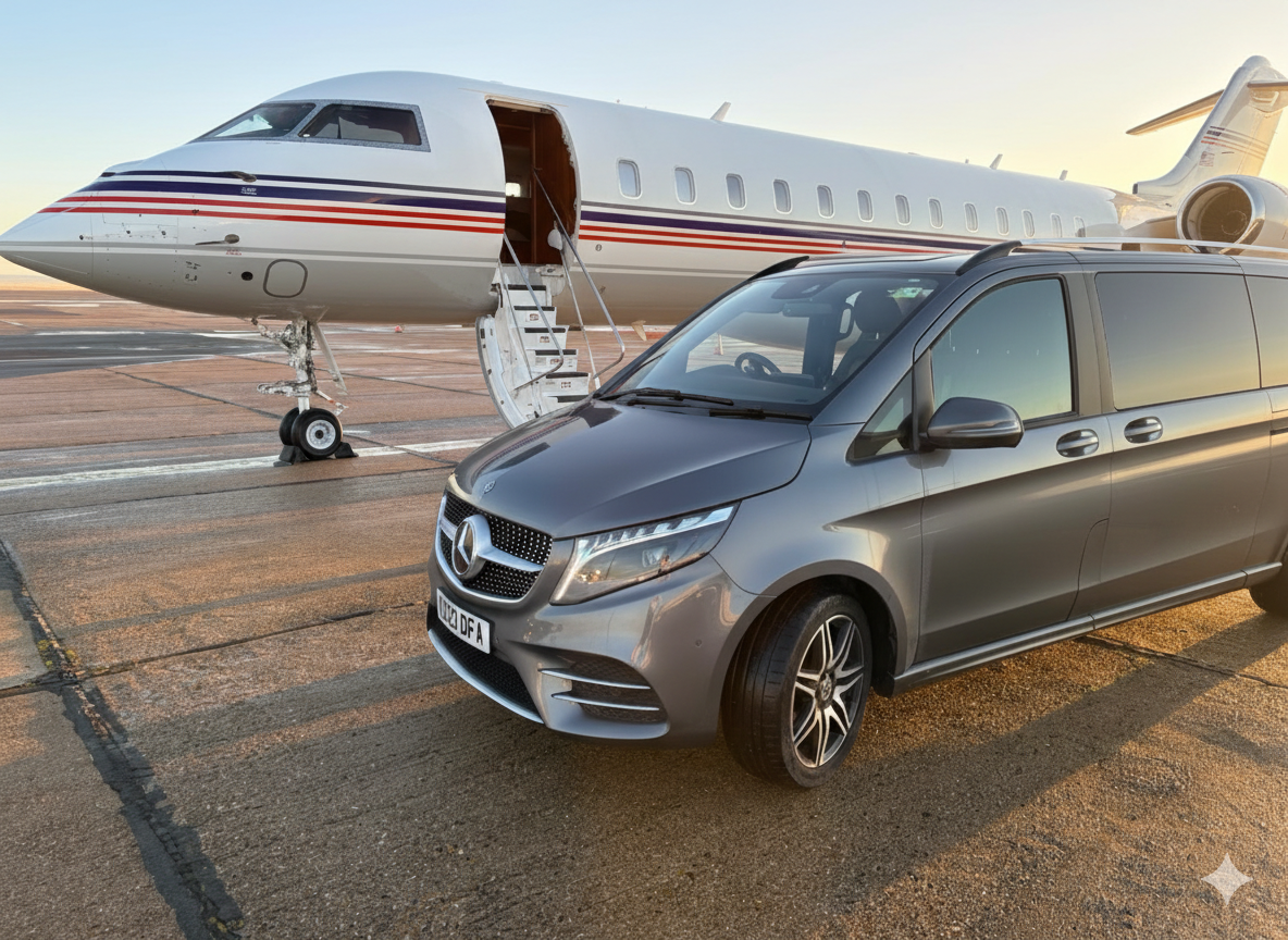 A silver Mercedes-Benz vehicle parked on an airport tarmac, with a private jet in the background and the sun setting.