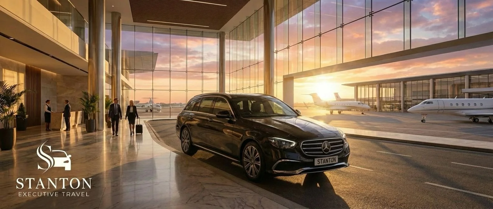Luxury black Mercedes-Benz parked inside an airport terminal during sunset, with large glass windows showing private jets and a runway outside, featuring the Stanton Executive Travel logo in the lower left corner.