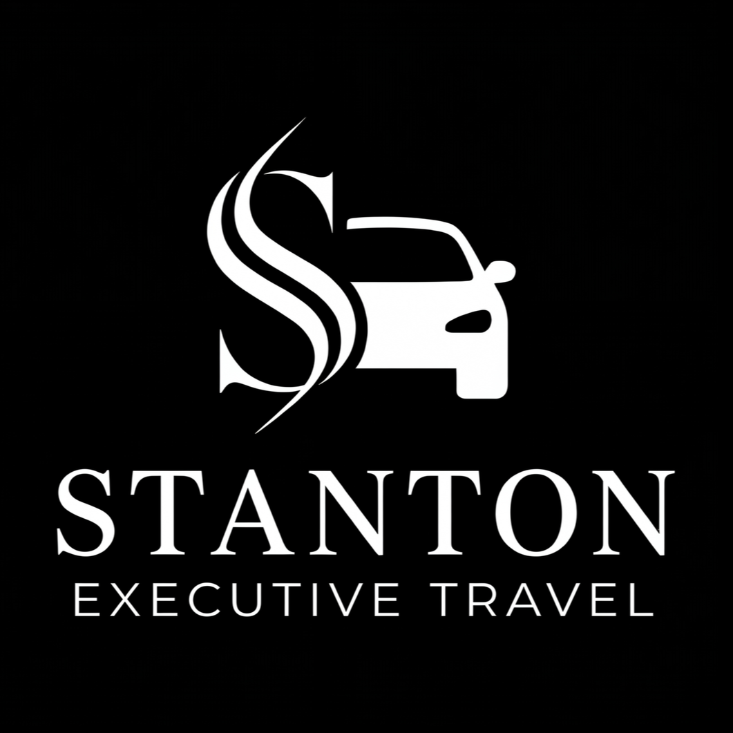 Logo for Stanton Executive Travel featuring a stylized car and a decorative 'S' on a black background.