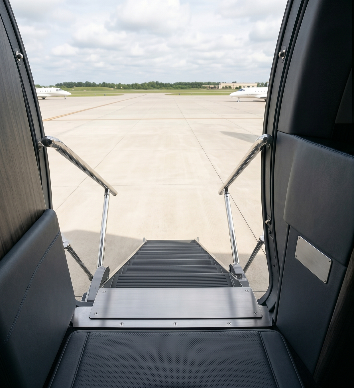 Looking out from an aircraft entrance onto the tarmac with parked jet planes and airport buildings in the distance.