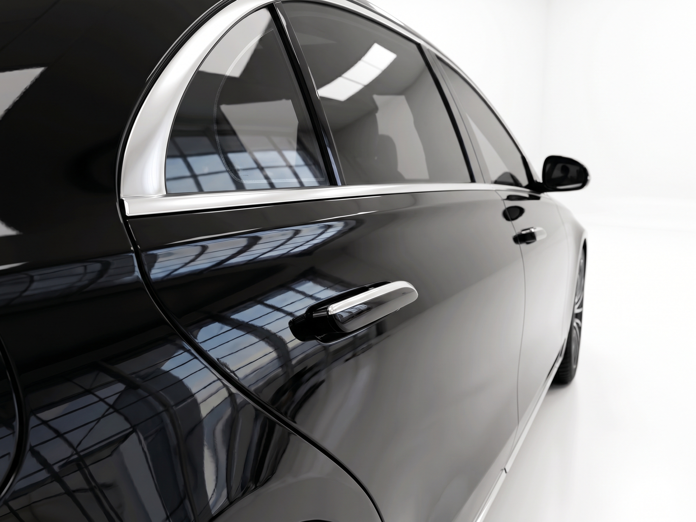 A black luxury sedan with tinted windows, set against a plain white background, showing the side profile with chrome trim around the windows.