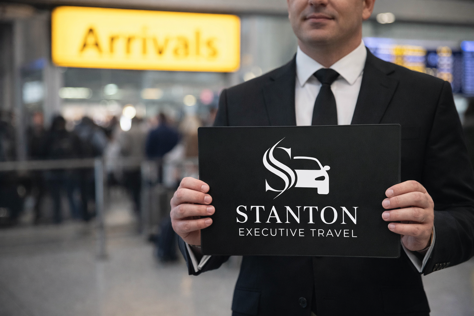 A man in a suit holding a black sign with the Stanton Executive Travel logo, which features a stylized car and the company name, at an airport terminal with arrivals sign visible in the background.