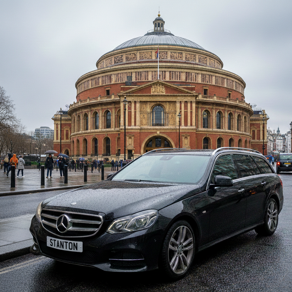 A black Mercedes-Benz station wagon with a custom license plate reading "STANTON" parked in front of the Royal Albert Hall in London, England, on a rainy day.
