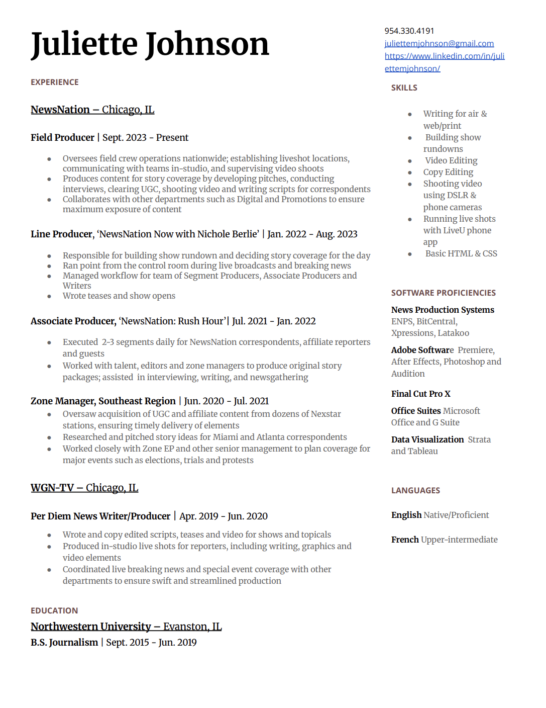 Resume of Juliette Johnson with contact information, work experience at NewsNation and WGN-TV, skills, software proficiencies, languages, and education, in a professional layout.
