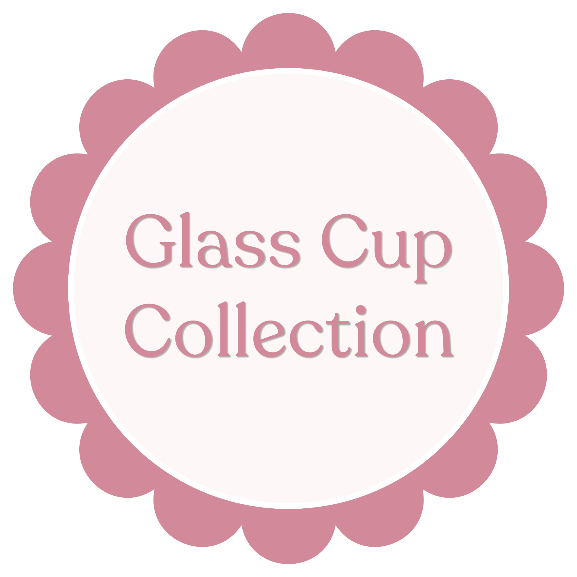 A pink scalloped floral border surrounds the text 'Glass Cup Collection' in pink font on a white background.