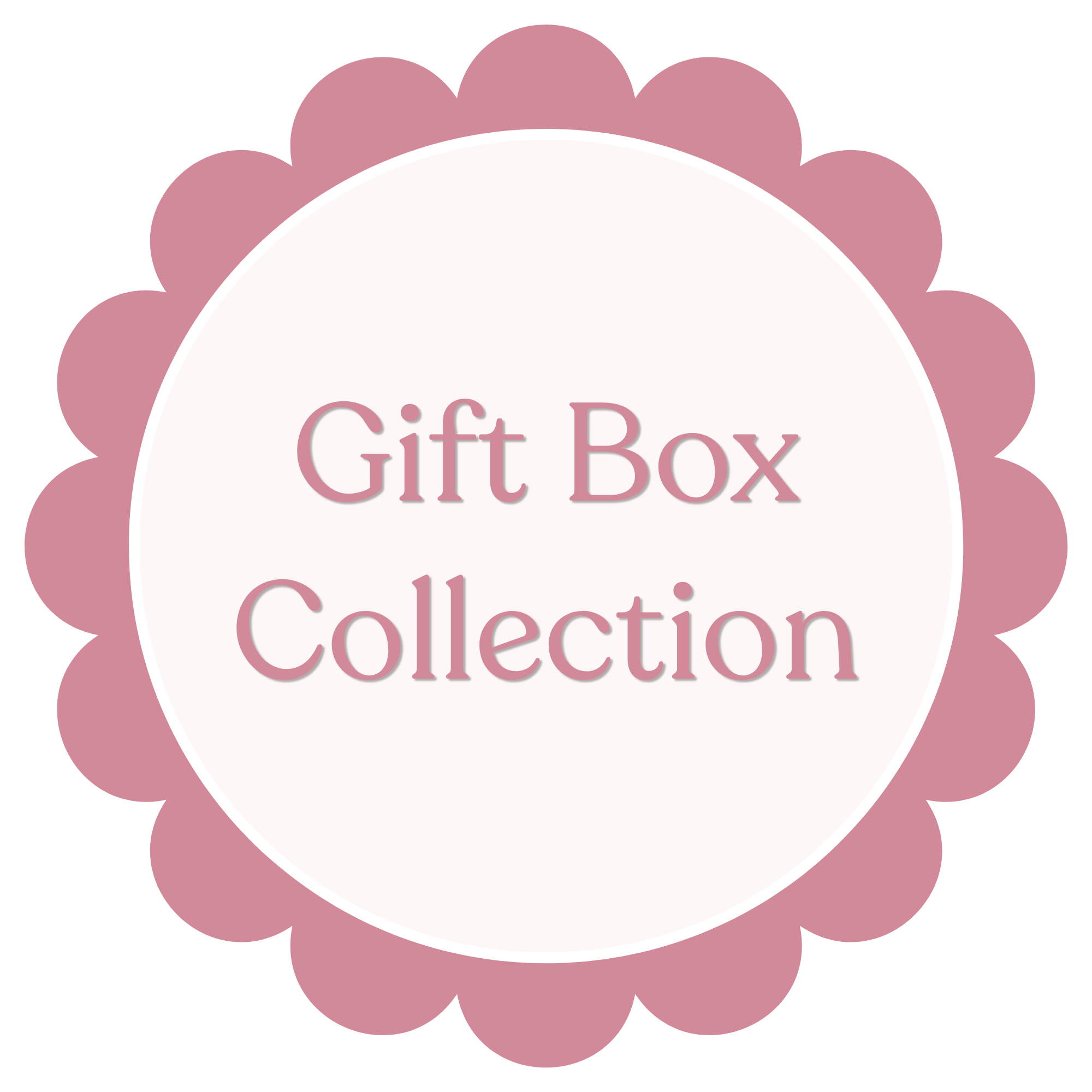 A logo with pink scalloped border and the words 'Gift Box Collection' in pink text in the center.