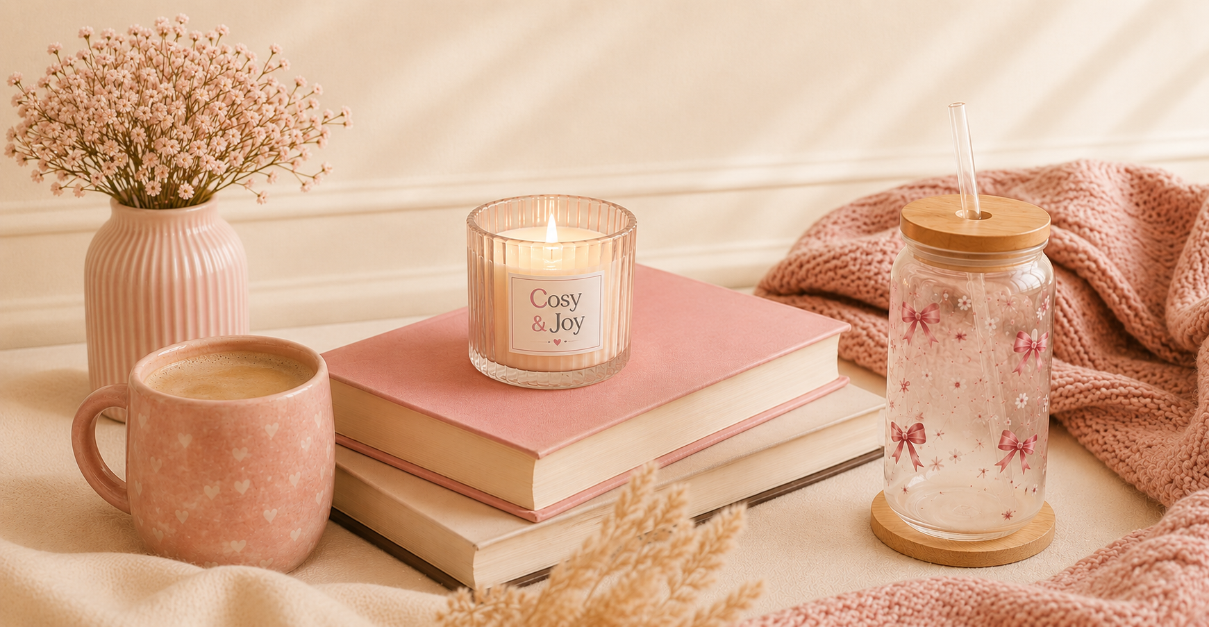 A cosy pink-themed arrangement with a pink vase of pink flowers, a pink mug of coffee, a stack of pink and white books, a lit candle labelled 'Cosy & Joy', a pink soft blanket, and a glass tumbler cup with pink ribbons and stars decorations.