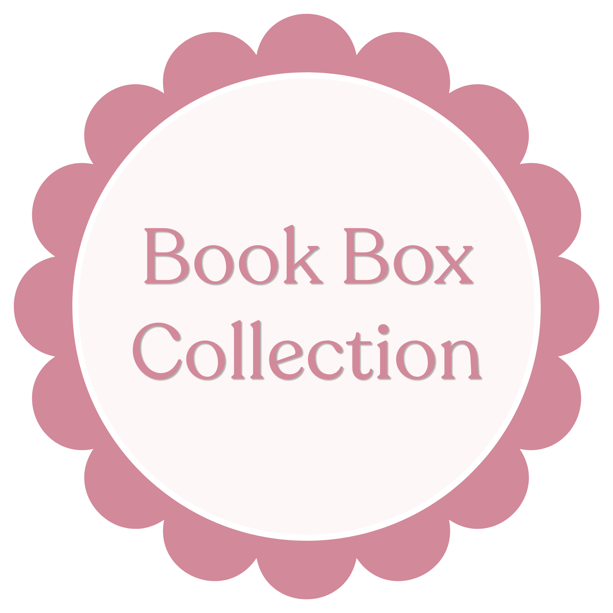 A pink decorative label with scalloped edges containing the text 'Book Box Collection' in pink.