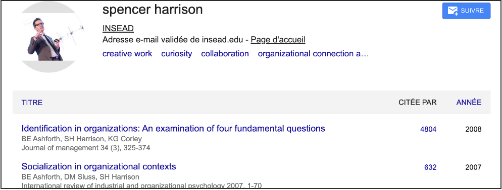 Screenshot of Spencer Harrison's academic profile page from INSEAD website, showing his name, profile picture, email validity, and a list of publications.