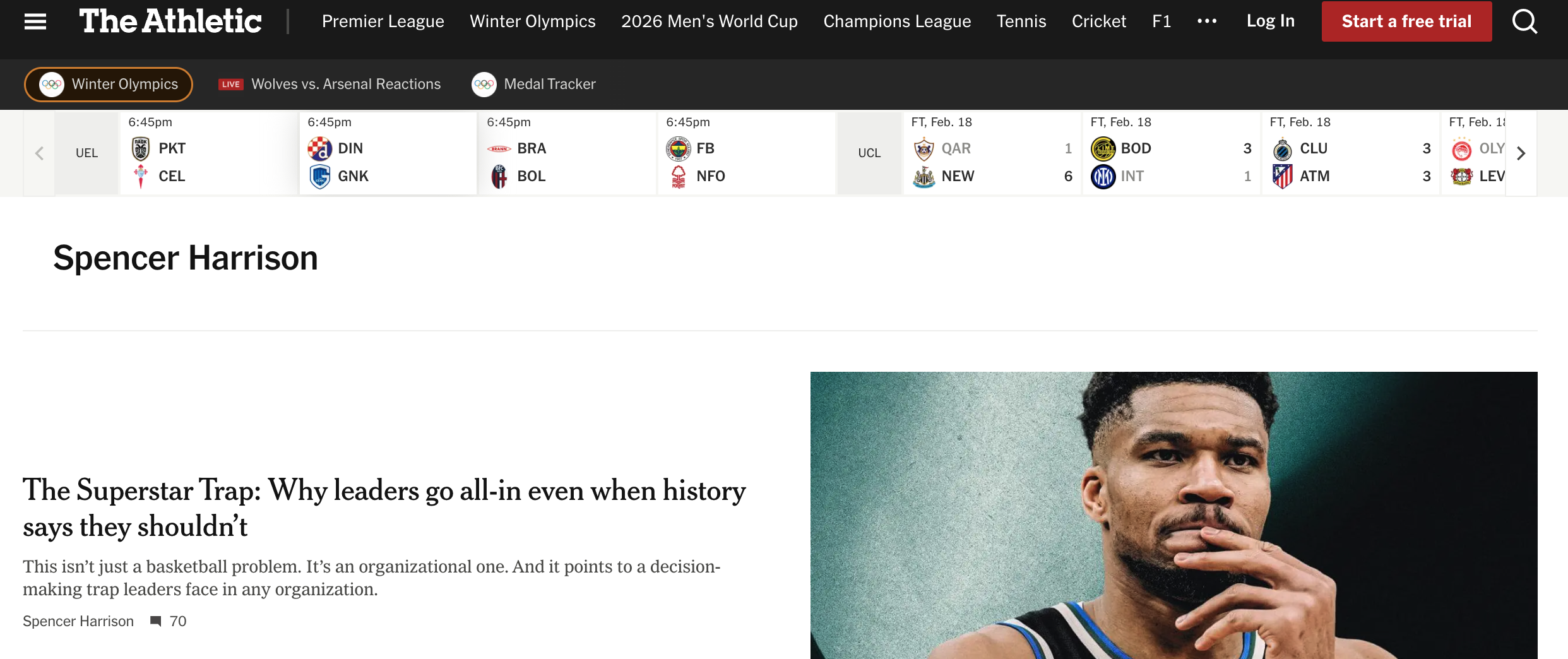 Screenshot of The Athletic webpage featuring a photo of a male athlete, likely Spencer Harrison, with his hand on his chin, next to an article titled "The Superstar Trap: Why leaders go all-in even when history says they shouldn’t." The webpage header includes sports league links and live scores for Winter Olympics and other sports.