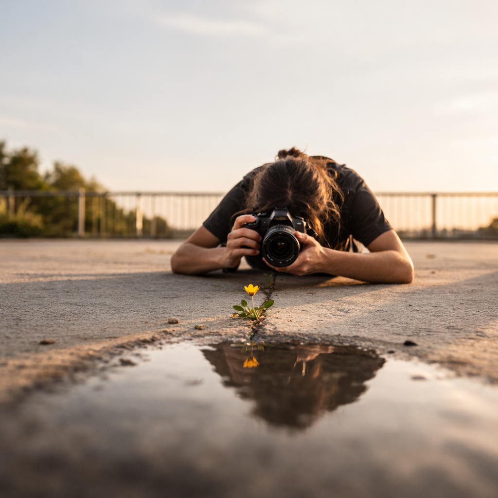 Photographer focusing on a single subject outdoors during structured practice
