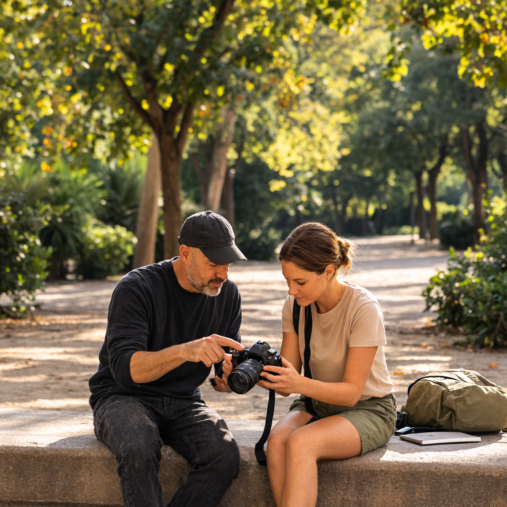 Tutor and participant reviewing images together on a camera screen in a shaded area of a park in Barcelona.
