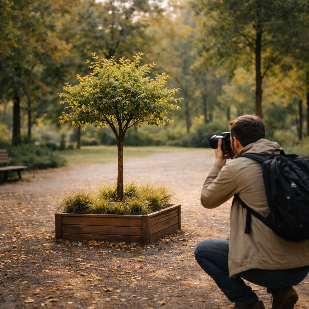 Photographer taking a picture of a simple subject in a calm outdoor location