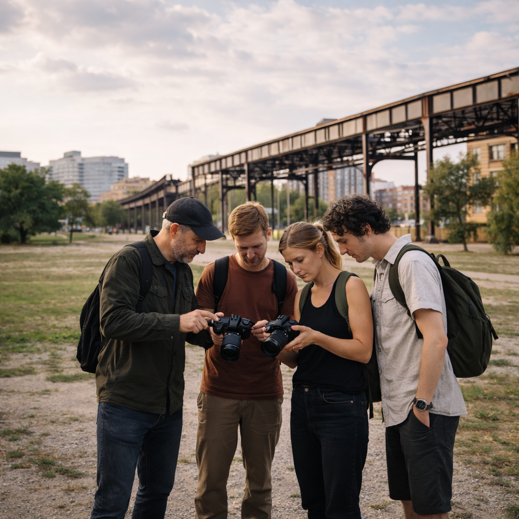Instructor and participants reviewing photographs together during a workshop in Berlin