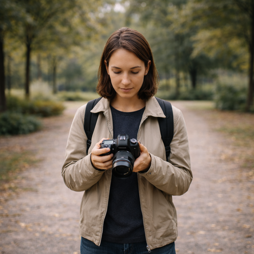 Photographer looking at camera settings outdoors, reflecting the process of learning how to use a camera