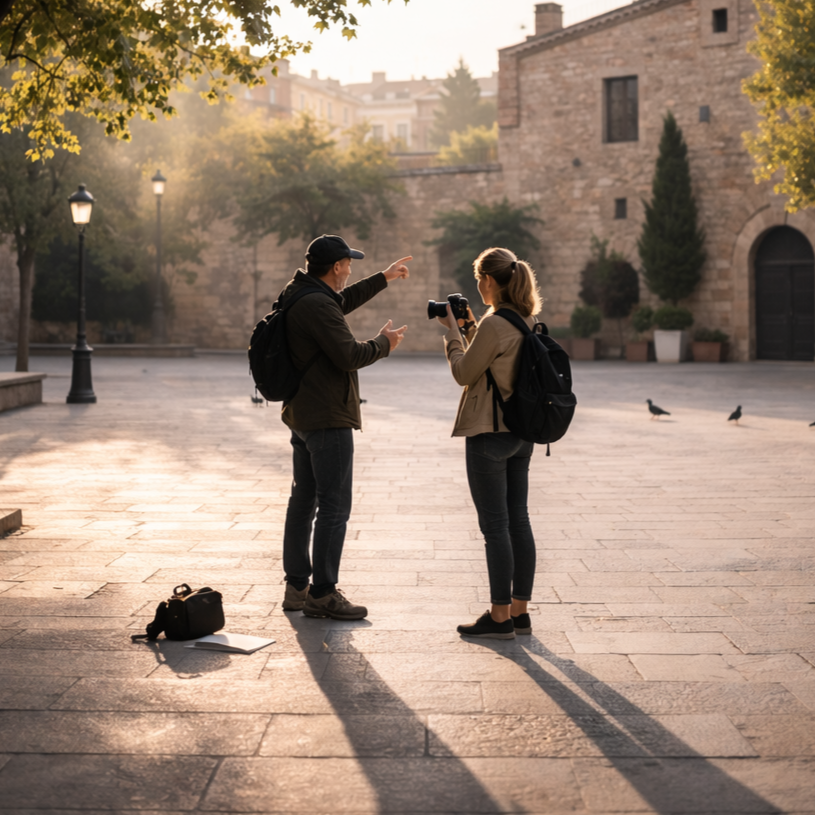 Outdoor feedback moment with reviewing framing and decisions in the scene