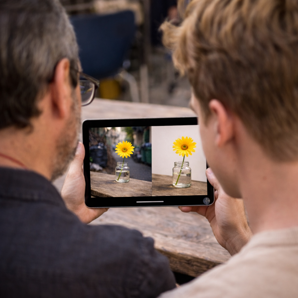 Tutor and participant comparing two flower photographs on an iPad during an outdoor photography workshop.
