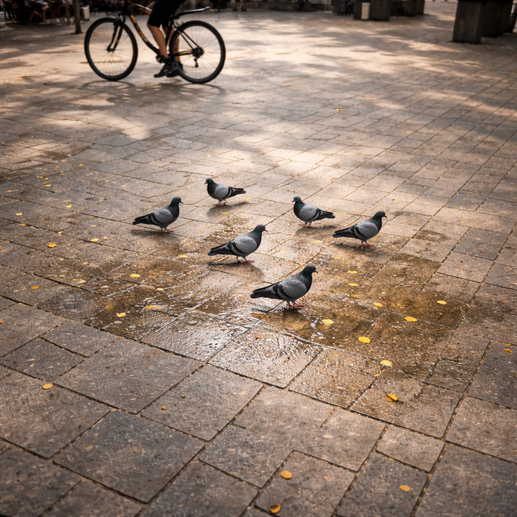 Wide view of pigeons on a wet street with cyclist passing in the background