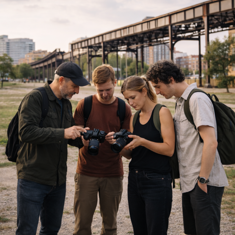 Outdoor photography learning scene showing participants preparing to photograph in real conditions