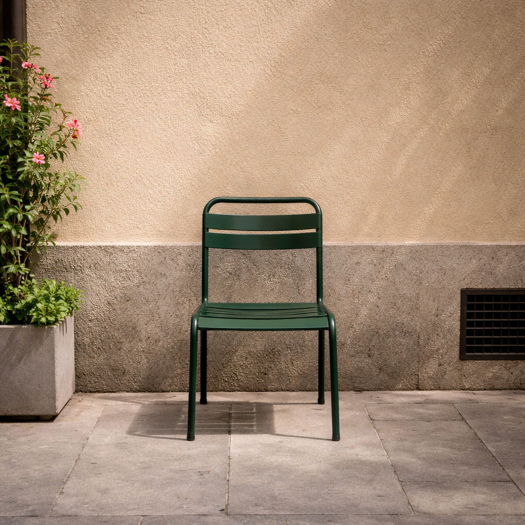 Green metal chair photographed frontally against a pale wall in a quiet urban corner in Madrid.