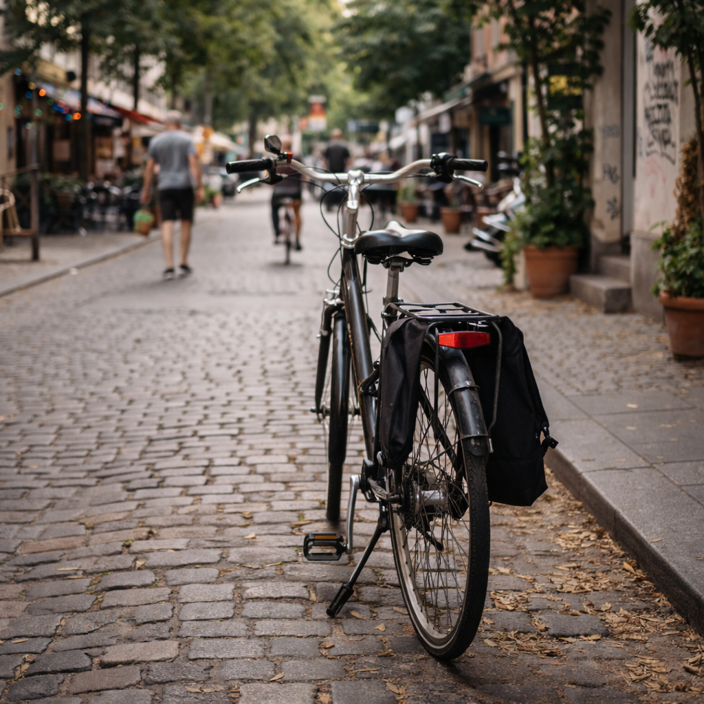 Photograph of a bicycle on a cobbled street in Berlin, shown from a straightforward position with a busy background