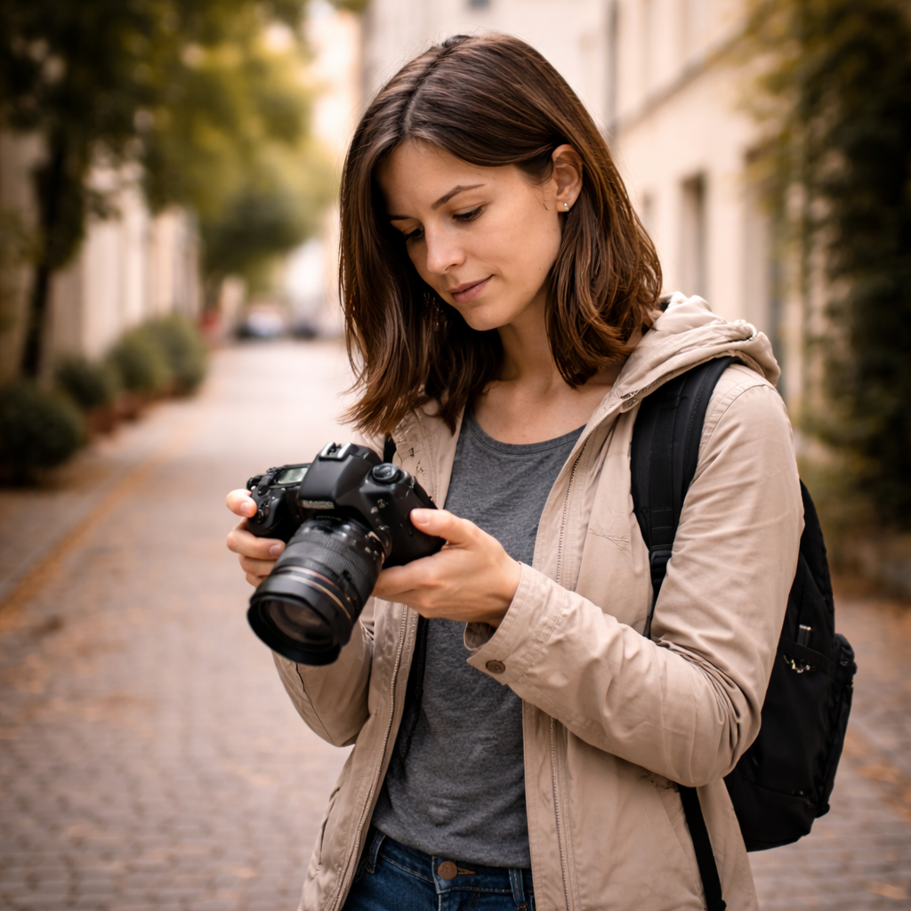 Photographer reviewing images on the camera screen outdoors after taking a photo