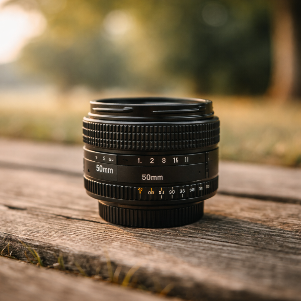 Close-up of a 50mm prime lens placed on a wooden surface in natural light