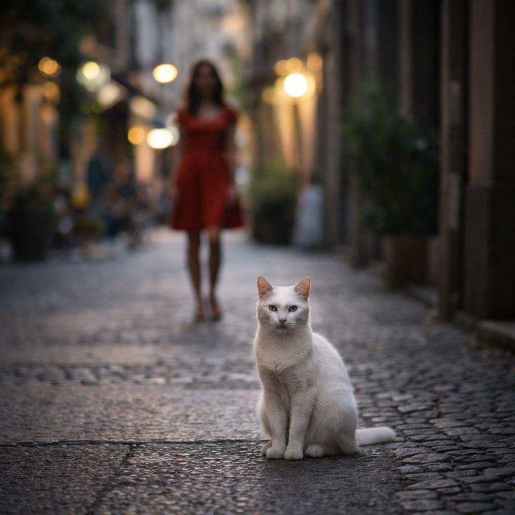 White cat sitting on a cobblestone street with a blurred person in red in the background