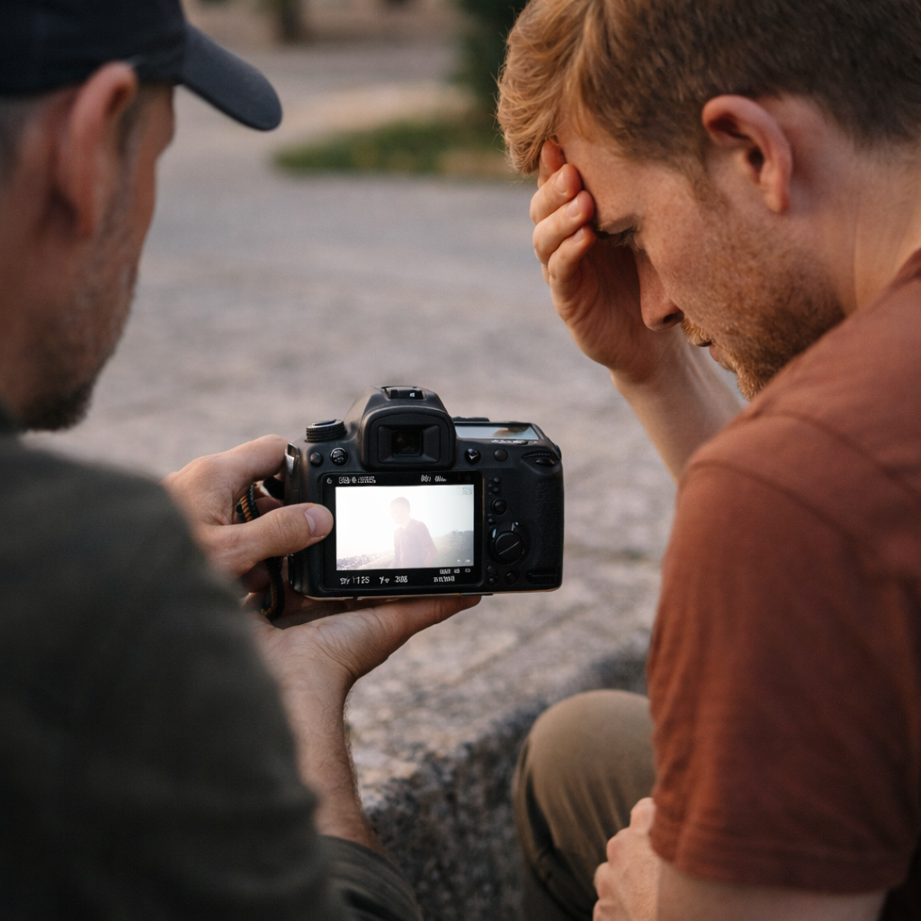 Two people analysing a photograph outdoors and discussing what did not work