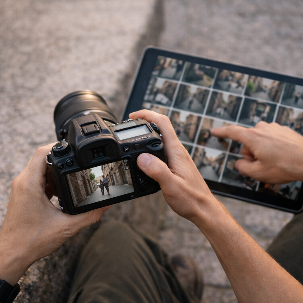 Reviewing images on the camera screen and tablet outdoors after photographing