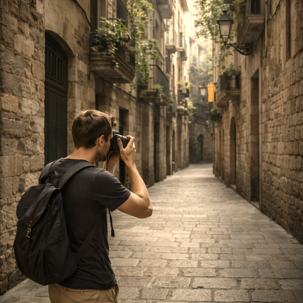 Photographer taking a picture in Barcelona’s old city during a photography workshop.