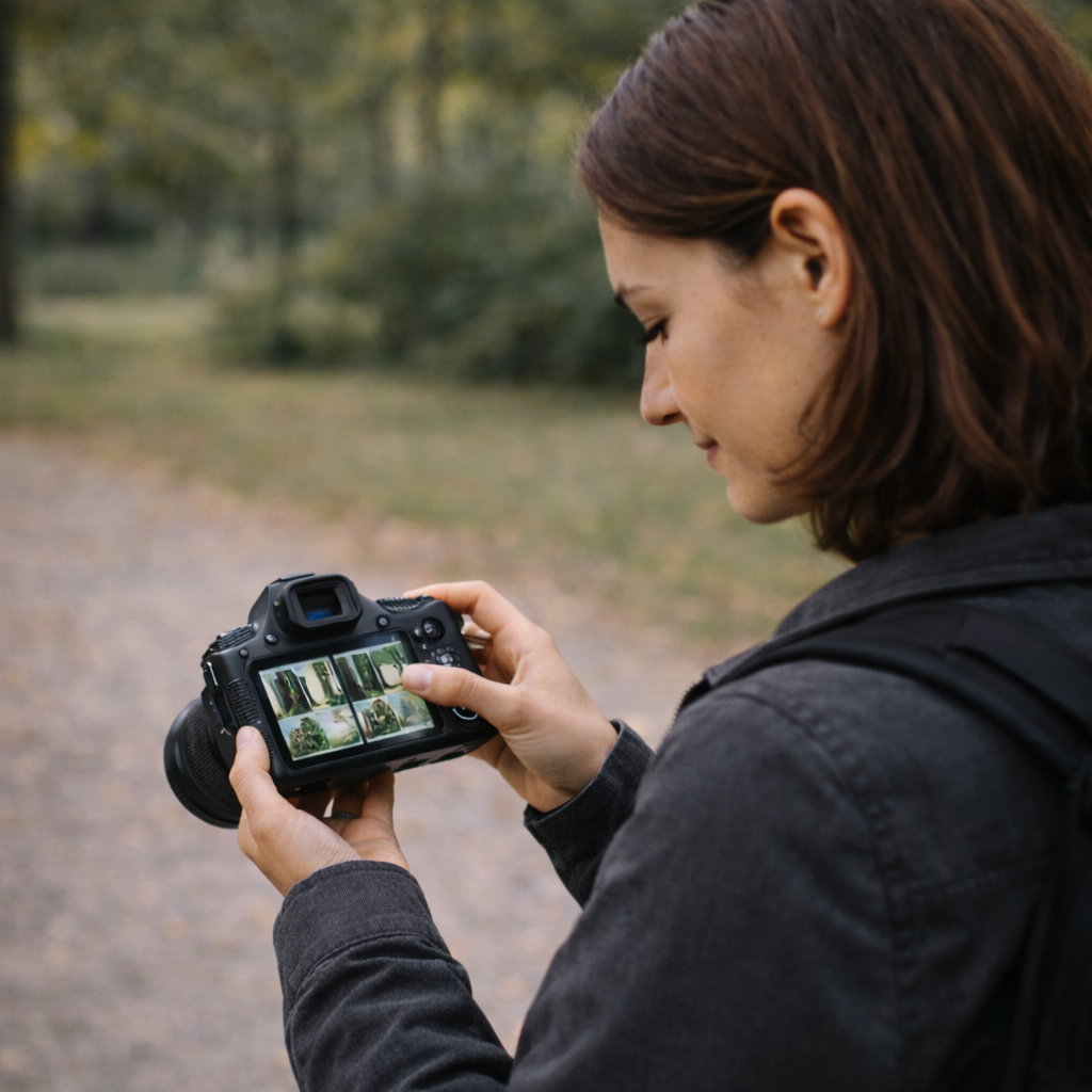 Photographer comparing several similar photos on a camera screen in a park