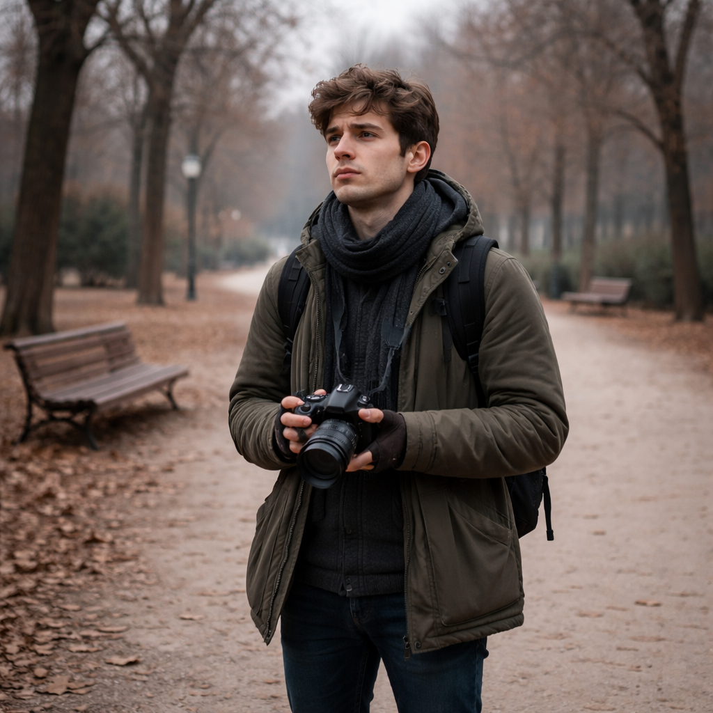 Young photographer standing alone in a winter park in Madrid, holding a camera and looking uncertain before taking a photograph.